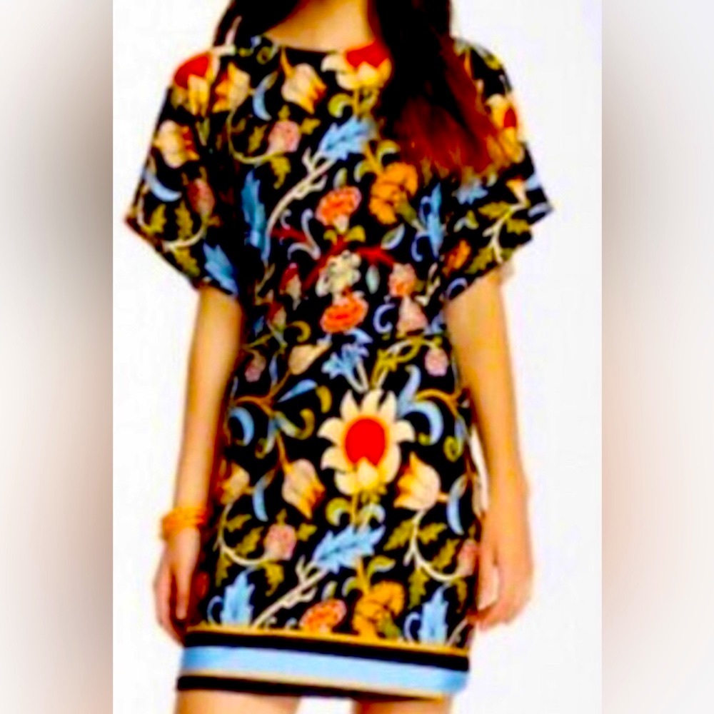 BCBGMAXAZRIA Woodblock Navy Folk Art Floral Dress Tie Waist Peplum Sheath Dress